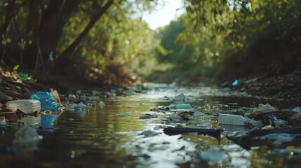 Fototapeta premium A river with trash and plastic pollution, highlighting the impact of waste on natural ecosystems.