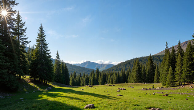Scenic view of a lush green valley surrounded by evergreen trees and mountains under bright blue sky, International Earth Day Theme
