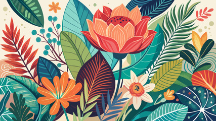 Botanical doodle background art vector set. Flower and leaves abstract shape doodle art design for print, wallpaper, clipart, wall art for home decoration.