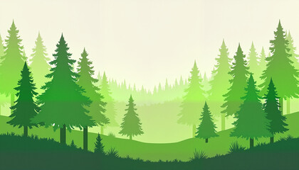 Obraz premium Stylized forest landscape with pine trees in various shades of green against a soft light background, International Earth Day Theme