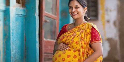 A woman in a yellow and red sari is smiling. She is pregnant and is sitting on the ground