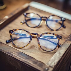 Two glasses with blue lenses sit on a wooden table. The glasses are brown and have a round shape