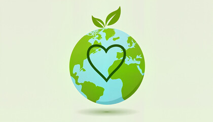 Heart-shaped outline around Earth globe, love for the planet concept, green leaves, copy space, International Earth Day Theme