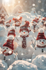 Visualize a charming winter landscape with snowmen dressed in festive outfits, enjoying the sunrise, radiating a cozy and joyful atmosphere throughout the holiday season