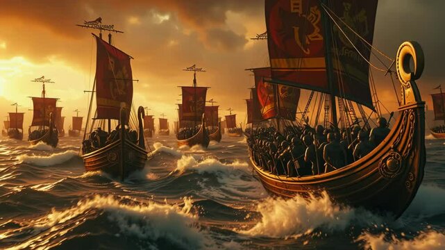 Epic Naval Clash in the Mediterranean "A grand naval battle between Greek and Persian fleets in the Mediterranean, featuring large triremes with bronze rams.