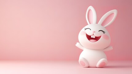 Obraz premium A happy, cartoon bunny with pink ears and paws sits on a pink background and smiles widely.