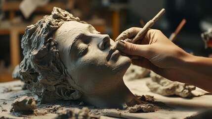 Sculptor crafting a clay masterpiece  captivating hands at work in an inspiring studio setting