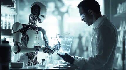 A robotics engineer designing and programming robots in a laboratory, working with cutting-edge robotic technology