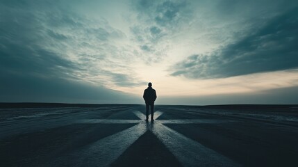 Fototapeta premium A silhouette of a person at a crossroads, symbolizing decision-making and uncertainty.