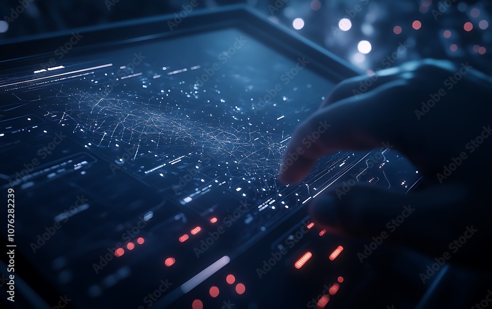 Aufkleber Close-up of a hand interacting with a digital interface, displaying glowing data patterns and signals in a high-tech environment.