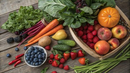 Vibrant Fresh Fruits and Vegetables Arrangement on Rustic Wood Surface for Healthy Meals Inspiration