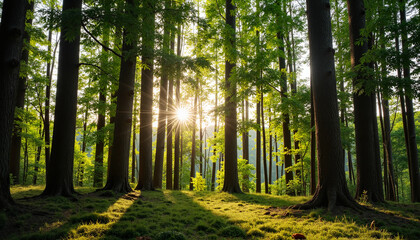 Sunlight streaming through a lush forest, creating a peaceful atmosphere, showcasing nature's beauty, International Earth Day Theme