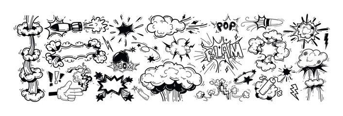 Naklejka premium Doodle hand drawn explosions with boom crash smoke effect. Comic book fire mushroom cloud explodes, atomic bomb sound with nuclear weapon, bullet, dynamite icon. Speech bubbles with words pop, blam,