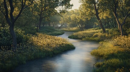 A winding river flows through a lush, green forest, bathed in sunlight.