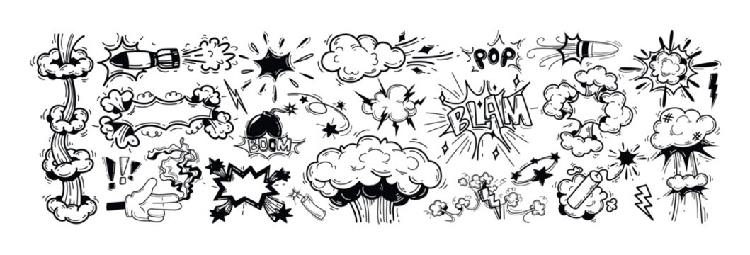 Doodle hand drawn explosions with boom crash smoke effect. Comic book fire mushroom cloud explodes, atomic bomb sound with nuclear weapon, bullet, dynamite icon. Speech bubbles with words pop, blam,