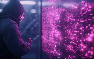 Fototapeta premium A figure in a hoodie interacts with a vibrant, abstract display of pink digital patterns in a futuristic, tech-inspired environment.