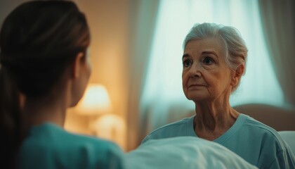 Fototapeta premium Senior Woman Receiving Care from Nurse in Hospital Room