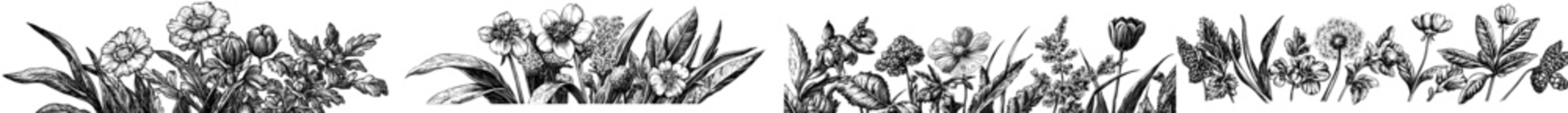 Naklejka premium Floral graphic design with doodled flowers and leaves. Autumn and spring collection. Herbs, berries, and wildflowers. Hand drawn modern botany set. Modern autumn table decorations.