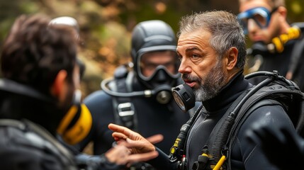 Fototapeta premium A team of divers in scuba gear receiving instructions before diving, illustrating the preparation and safety aspects of diving