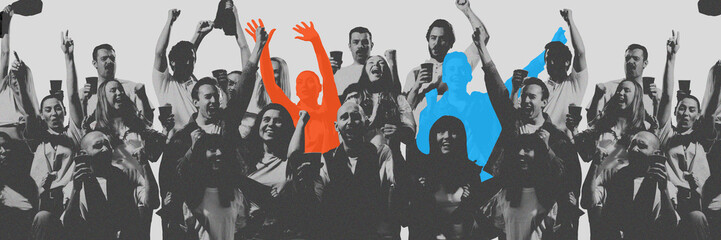 Contemporary art collage. Lively crowd, with two people highlighted fans in blue and orange....