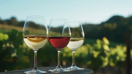 Fototapeta premium A wine-tasting scene with glasses of red, white, and rosÃ©, with a vineyard in the background.