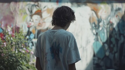 Obraz premium A young artist painting a mural in a community space.