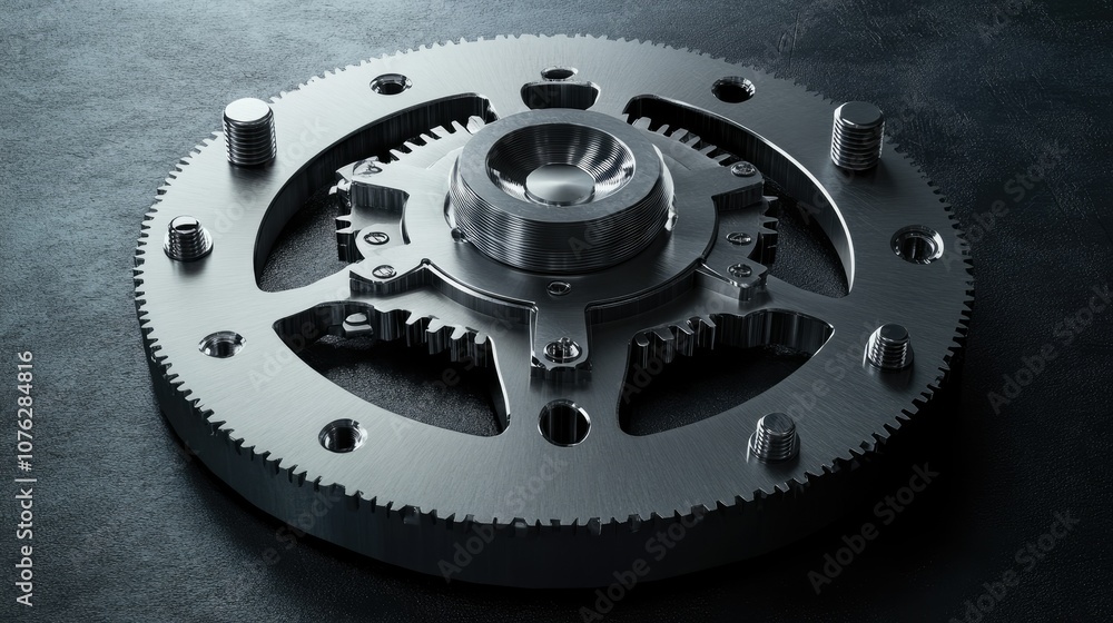 Poster close-up view of a detailed mechanical gear system on a dark surface, showcasing intricate design an