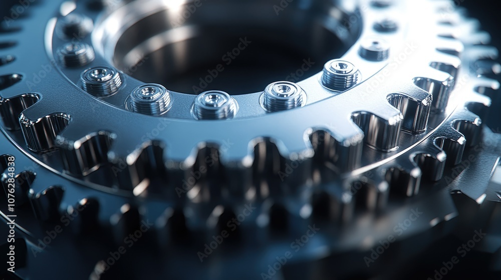 Poster close-up view of a high-precision metallic gear with gleaming surface details and intricate teeth de