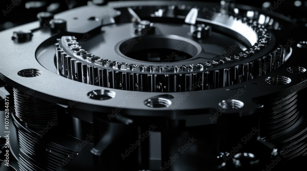 Poster close-up of intricate mechanical components in dark metallic finish showing precision engineering an