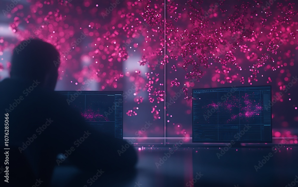 Poster A silhouette of a person sits before computer screens displaying vibrant pink data visualization against a dark background.