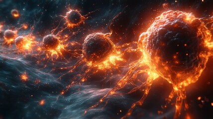 Obraz premium Abstract visualization of glowing cells in a cosmic environment.