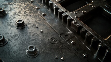 Close-Up View of Industrial Machine Components Featuring Metallic Textures and Fasteners, Highlighting Intricate Details of Mechanical Parts and Engineering Design