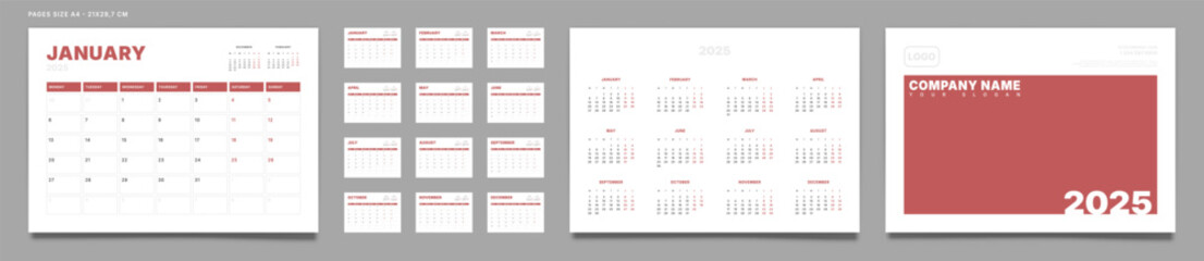 Set of 2025 Pages Monthly Calendar Planner Templates, Cover with Place for Photo, Company Logo, Annual. Design of Vector layout Calendar Pages size A4-21x29.7 cm in for print. Week start on Monday