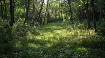 Naklejka premium Sunlit Forest Clearing with Lush Greenery and Sunlight