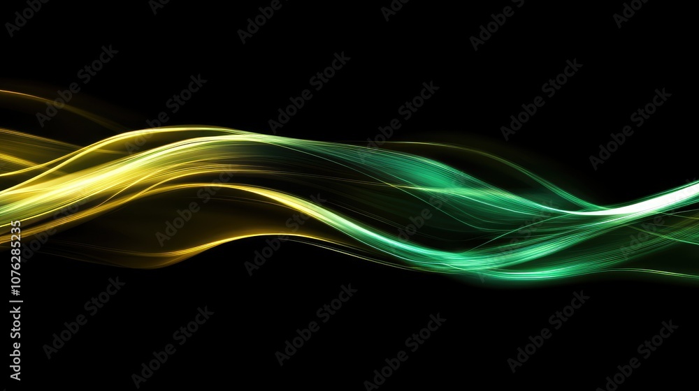 Poster abstract flowing waves of green and yellow light on a black background for dynamic visual concepts a