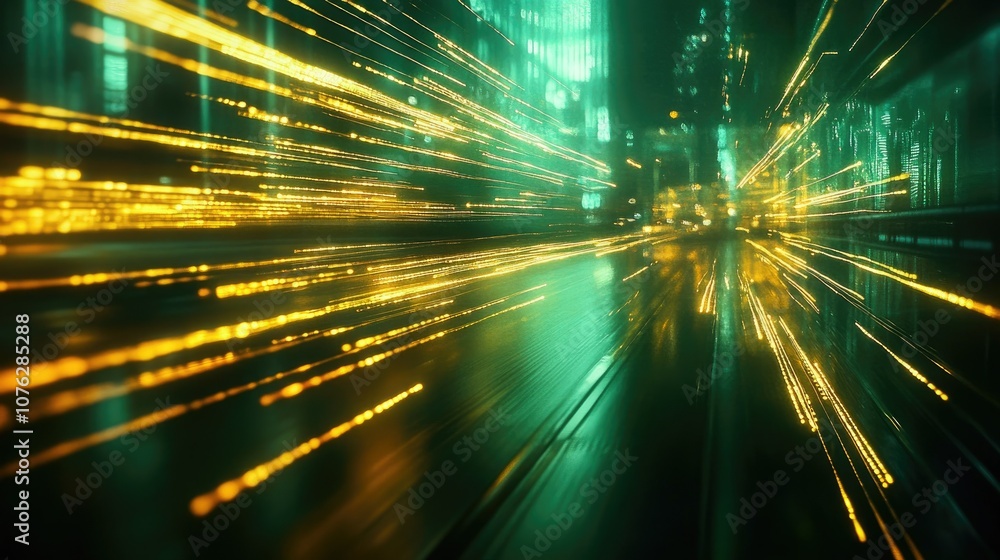 Poster dynamic abstract light trails in a modern cityscape representing speed and motion within a futuristi