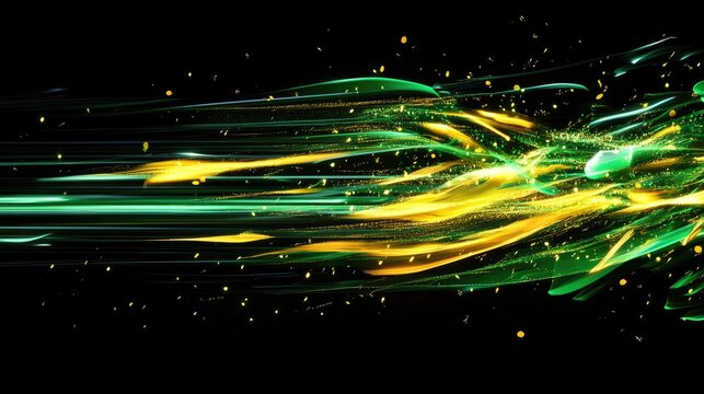 Abstract Colorful Stream of Light With Green and Yellow Blurs on Dark Background, Illustrating Movement and Energy in a Digital Art Style