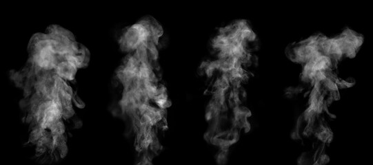 Close-up photo of abstract white steam or smoke. Illustration showing different textures and densities of white steam or smoke, isolated on black background.