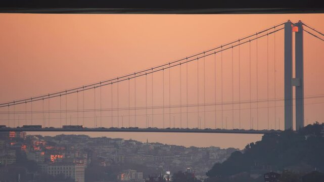 Closeup view of Bosphorus Bridge at sunset