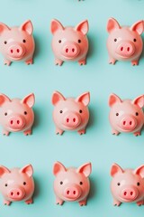 Fototapeta premium A row of pink piggy banks are lined up on a blue background. The piggy banks are all the same size and shape, and they are all facing the same direction. Scene is cheerful and playful