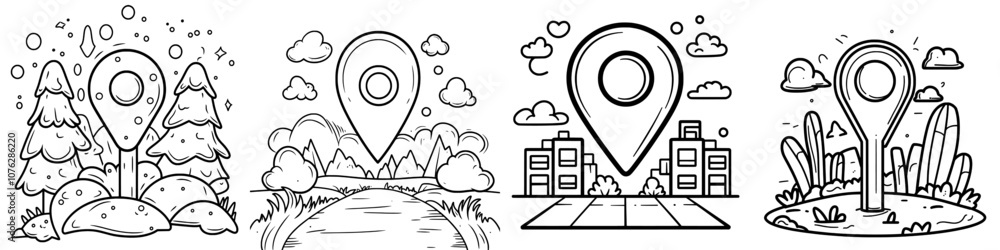 Poster the destination point is a hand drawn icon. location on a map tag is a hand drawn icon. navigation i