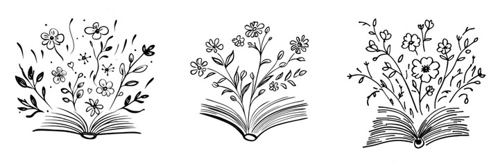 Printed book cover with wildflowers, isolated floral book and feathers clip art, Book lovers handdrawn print.