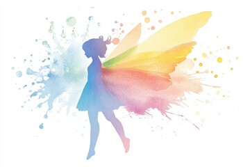 Obraz premium Watercolor painting of a fairy with radiant, rainbow-colored wings