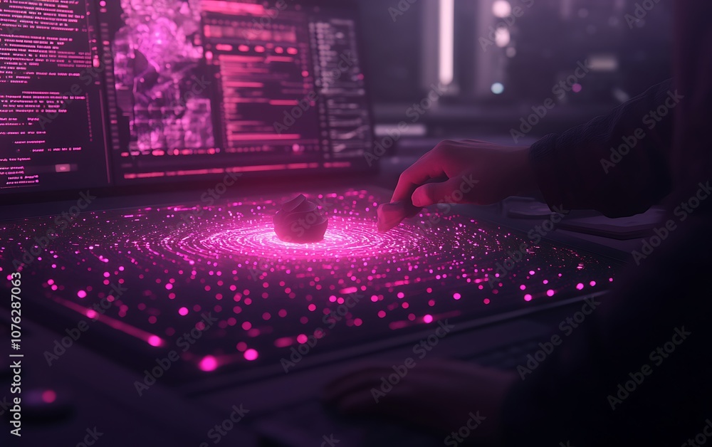 Aufkleber A futuristic interface with a glowing pink digital landscape, where a hand interacts with a dynamic, data-rich display.
