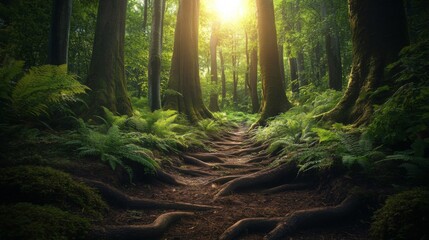 Obraz premium Sunlit Path Through a Lush Forest with Exposed Tree Roots