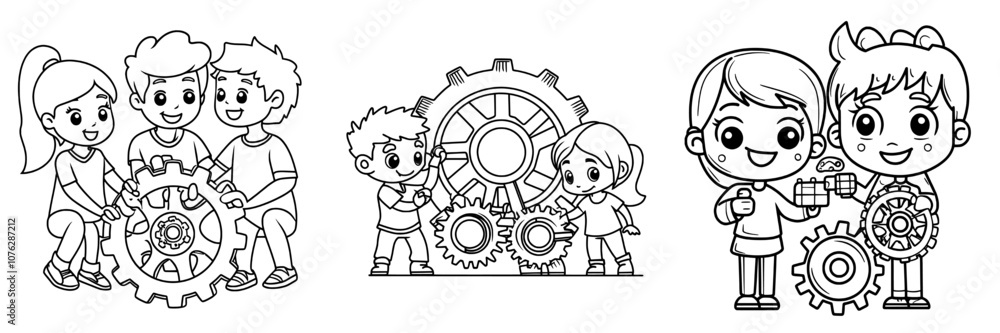 Poster people working together to achieve a goal and result, linear icon. people assembling a mechanism. bu