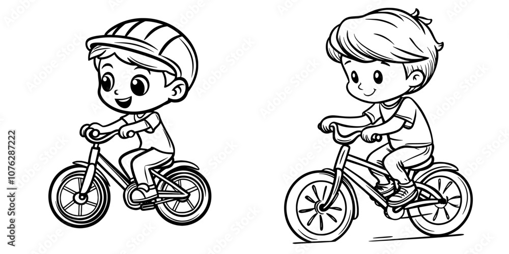 Poster linear icon showing a child riding a bicycle helmeted. stroke can be edited