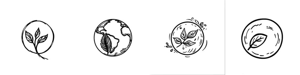 Naklejka premium The earth is green. Simple outline style. Ecological world, globe with leaves, eco environment logo, save nature concept. Thin line icon. Modern illustration isolated on white.