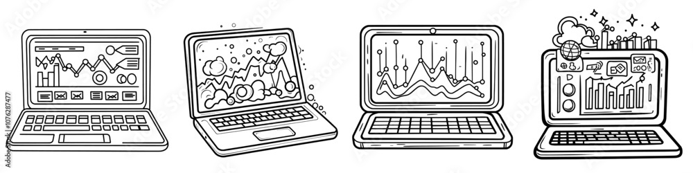 Poster black single financial analysis on laptop line icon, simple diagram data flat design pictogram moder