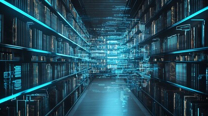 Futuristic Library with Holographic Data Streams Symbolizing the Digitization of Knowledge and Information